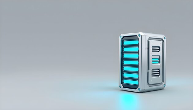 A futuristic server rack with glowing blue lights, representing advanced technology and data storage. - Powered by Adobe