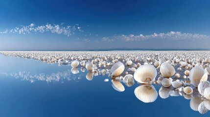 Seashells line a placid shoreline
