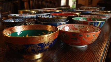 Colorful ceramic bowls arranged on a wooden table