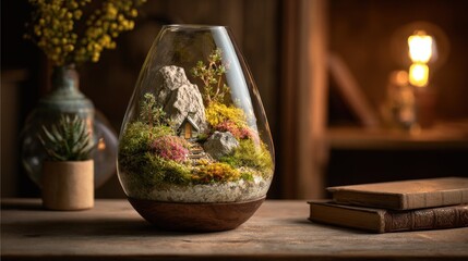 Glass terrarium with miniature landscape