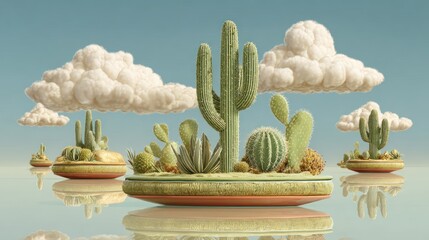Desert islands with cacti and clouds float on water