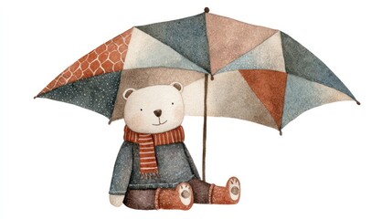Cute bear sits under colorful umbrella