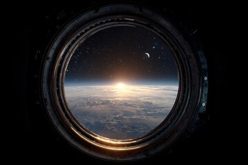 Sunrise seen through a spaceship porthole.  View of Earth's clouds and atmosphere from outer space, with a sunrise.  Metallic frame surrounds the circular window