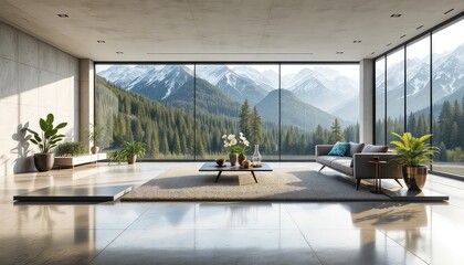 Fototapeta premium Bright and spacious living room design featuring a panoramic mountain view and modern furniture in neutral tones
