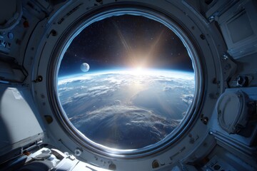 Circular porthole view of Earth from space.  Sunrise over planet