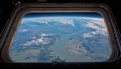 Naklejka premium Earth seen through a spacecraft window. Vast landscape, mountains, river valley, and clouds seen from orbit