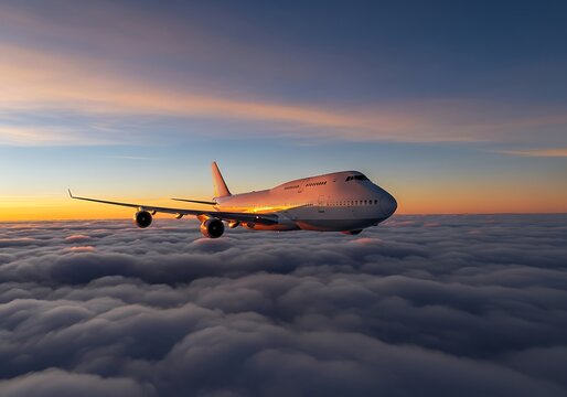 Cargo jumbo jet aircraft soars above clouds at sunset during golden hour flight