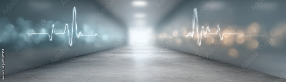 Aufkleber glowing security corridor in dark hospital setting with pulse patterns on walls enhancing atmospheri