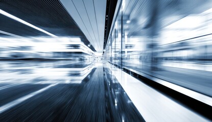 A dynamic indoor shot of a modern, bustling walkway, showcasing a sense of speed and movement with blurred elements, creating a powerful visual impression.