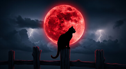 Mysterious black cat silhouetted against a dramatic blood moon during a stormy night.