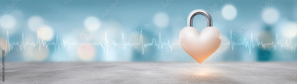 Poster floating heart lock with glowing elements in dark hospital corridor representing data security and p