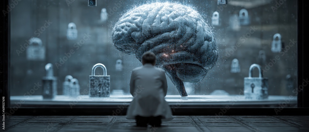 Poster digital hologram of a brain surrounded by security elements showcasing data protection and advanced 