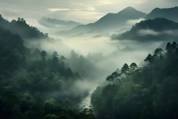 霧に覆われた森林地帯の山々と緑の木々が織りなす幻想的な風景
