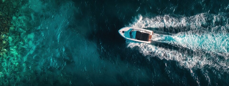 High-angle view of a speedboat cutting through turquoise water
