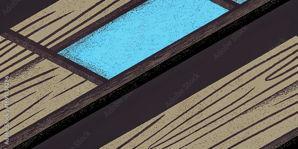 Poster abstract geometric pattern with textured brown lines and a vibrant blue rectangular shape