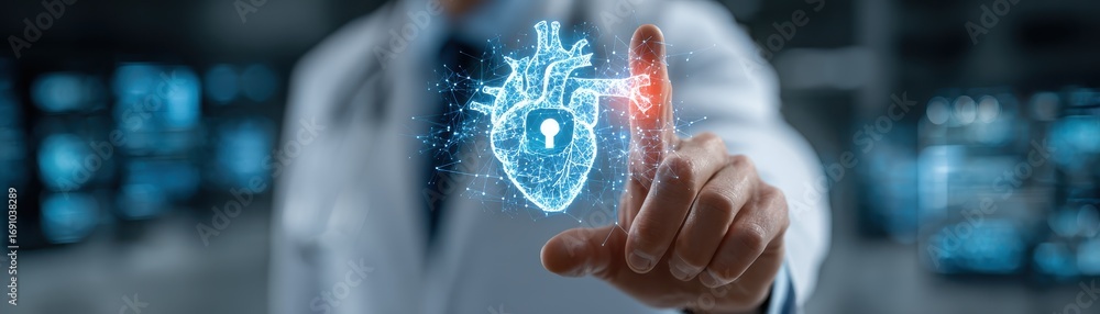 Poster doctor pointing at holographic medical database with data security focus and heart icon on futuristi