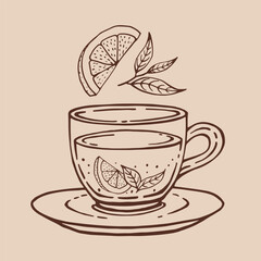 Cup of tea with healthy tea, lemon slices, tea leaves. Hand drawn vector illustration in outline style.