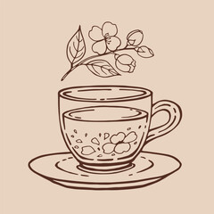 Cup of tea with healthy tea, jasmine. Hand drawn vector illustration in outline style.