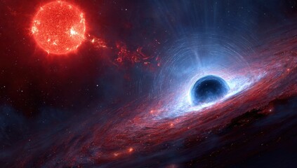 Cosmic vortex. A vibrant cosmic scene. A fiery star.  A dark, swirling black hole.  Nebular structures