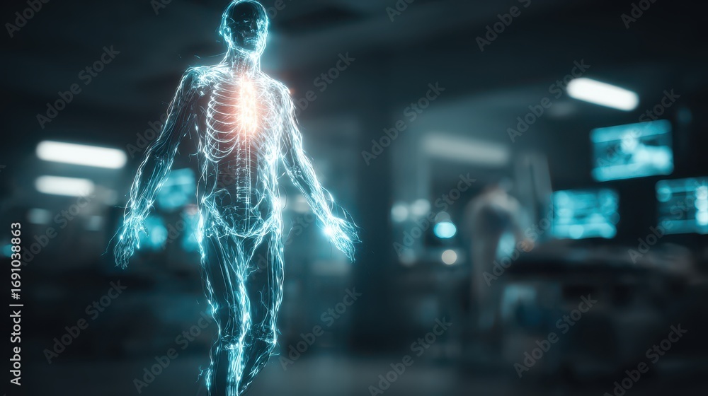 Poster floating holographic human body scan with security data visualization concepts in high-tech medical 