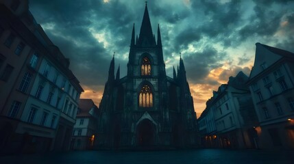 Fototapeta premium Gothic Cathedral Under Dark Sky with Sunset in City Street