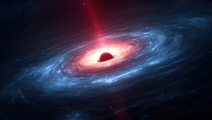 A swirling galaxy with a central black hole.  A bright red beam emanates from the void.  Stars scattered throughout