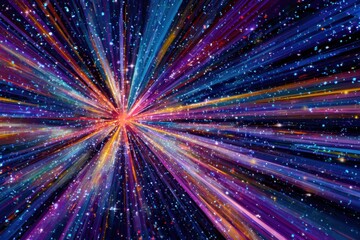 Abstract, vibrant burst of color radiating outward from a central point, streaks of light, stars, dark background