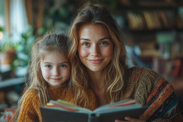 Obraz premium Mother and daughter reading a book together.