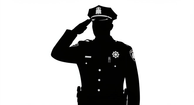 Silhouette of a police officer in uniform saluting with a hat and badge on a white background image view