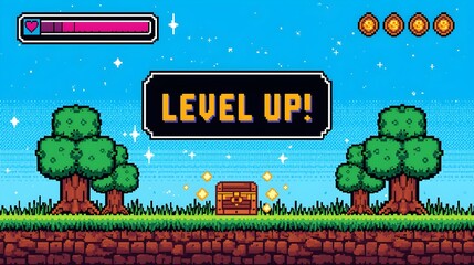 Retro 8-bit pixel art game scene vibrant blue sky with level up graphic and health bar for classic gaming adventure nostalgia