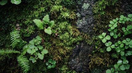 Moss and ferns on tree bark