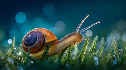 Luminous Snail on Dew-Kissed Grass, its Shell and Tentacles Adorned with Water Droplets, Against a Magical Bokeh Background