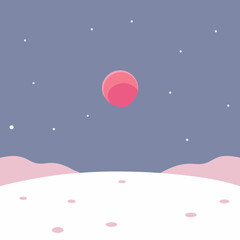 Naklejka premium Stylized vector landscape with pink moon and snowy dunes under a starry sky