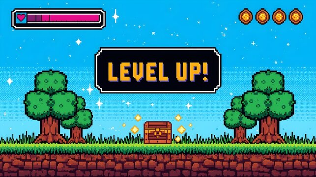 Retro 8-bit pixel art game scene vibrant blue sky with level up graphic and health bar for classic gaming adventure nostalgia