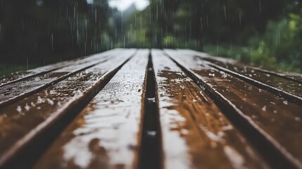 Wet wooden picnic table with rain falling in a park blurred green trees in background