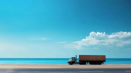 Brown Container Truck Driving on Asphalt Road with Seaside View and Clear Sky on Sunny Day