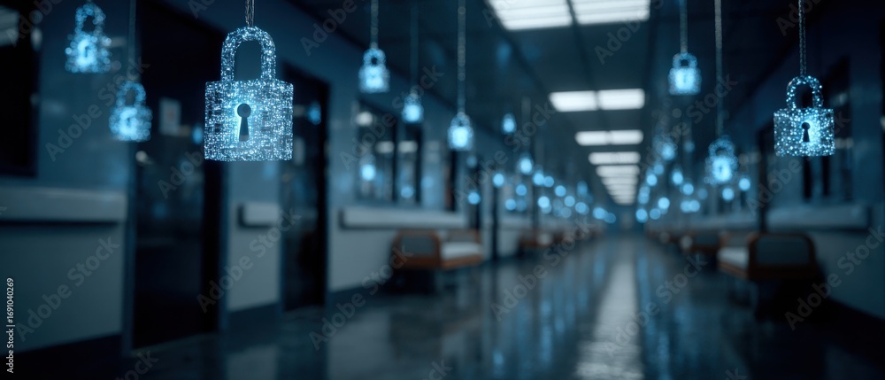 Aufkleber floating digital padlocks in a corridor of glowing data security concept with constellation of dots 