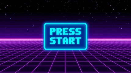 Retro pixel art game intro screen bold press start neon glow vibrant purple grid horizon abstract background nostalgic cyberpunk scifi arcade digital art
