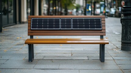 Self-charging public benches solar panel surface, subtle sunlight reflection, charging pad icon, device placed on pad.