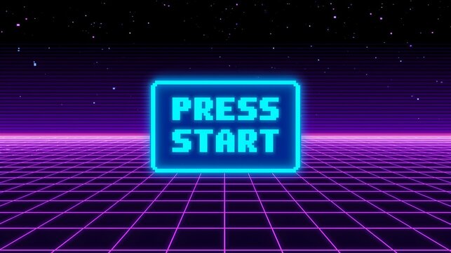 Retro pixel art game intro screen bold press start neon glow vibrant purple grid horizon abstract background nostalgic cyberpunk scifi arcade digital art