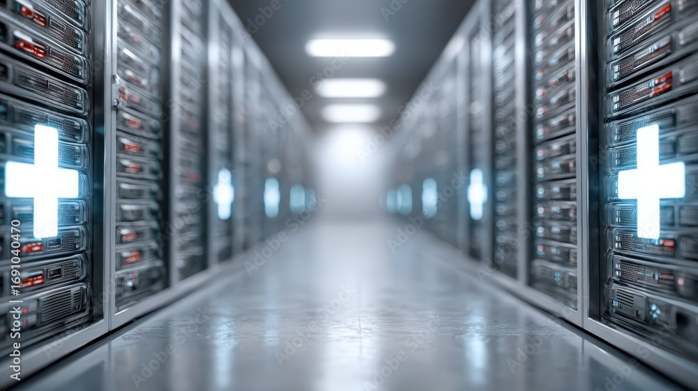 Aufkleber secure data storage servers with glowing medical symbols in a modern data center environment