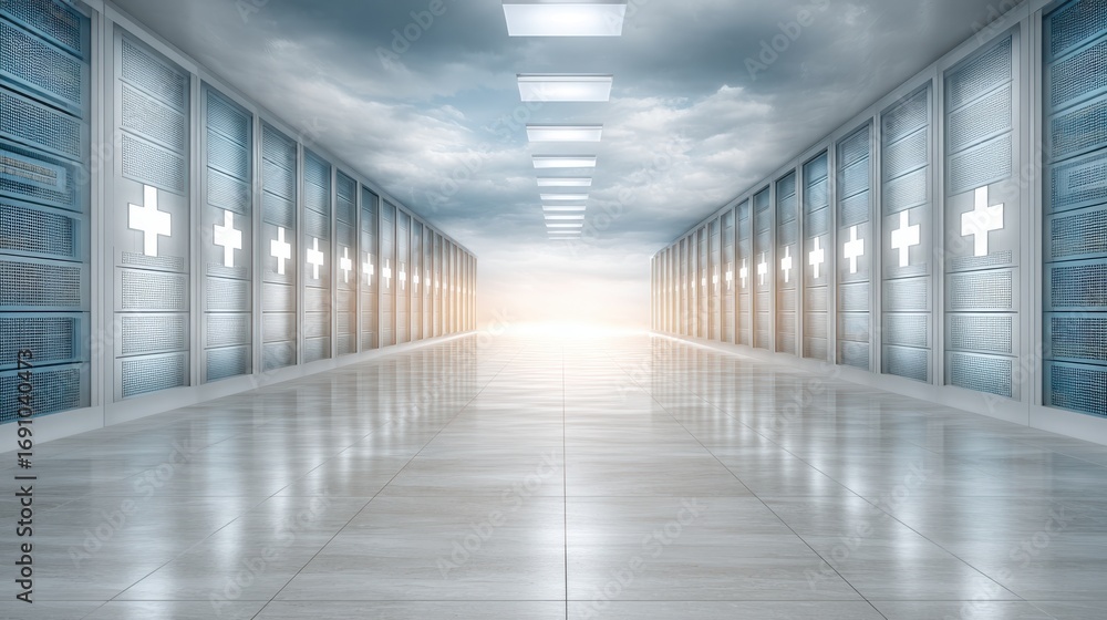 Aufkleber glowing data servers in secure environment with medical cross symbols illuminating a bright corridor