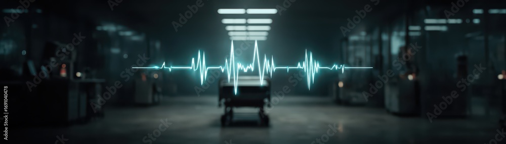 Poster abstract representation of data security featuring holographic heartbeat lines floating above a slee