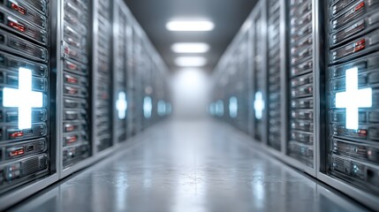 Obraz premium Secure Data Storage Servers with Glowing Medical Symbols in a Modern Data Center Environment