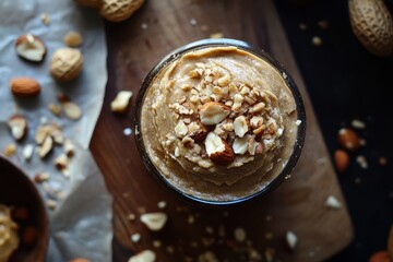 Tasty peanut butter jar with nuts, delicious jar of peanut butter with whole nuts displayed around it