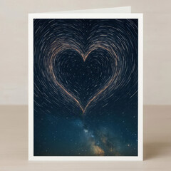 AI-Generated image of a dreamy night sky where swirling star trails form the shape of a glowing heart.