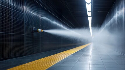 Self-cleaning public transportation stations disinfecting nozzle, fine mist, subtle steam, clean surface.