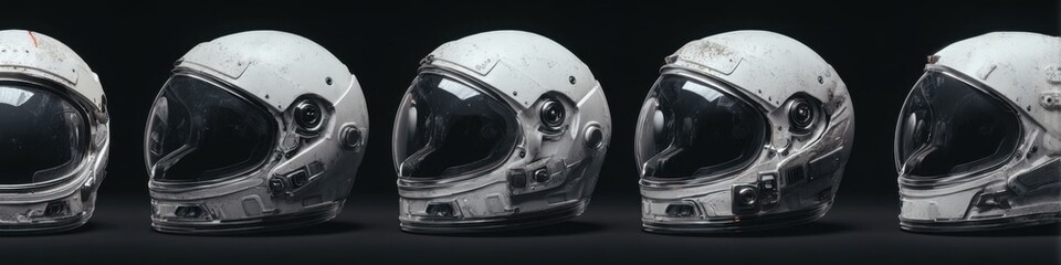 Row of five profile astronaut helmets