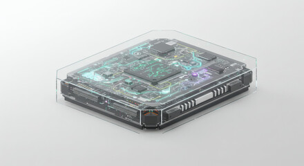 Advanced technology concept showing a sci-fi data processor with luminous integrated circuits under a clear cover