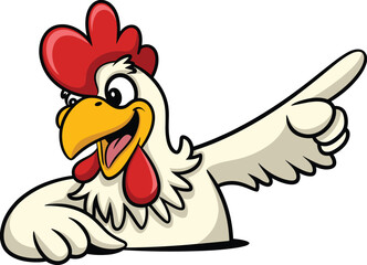 Cartoon rooster pointing side, funny chicken mascot illustration, animated farm bird, vector poultry character, cheerful cock drawing, expressive farm animal, chicken clipart pose